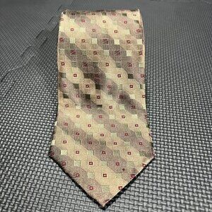 Paul Dione 100% Silk Geometric Pattern Mens Tie In Gold & Burgundy